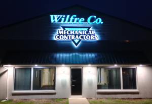 Exterior of the Wilfre Co building at night